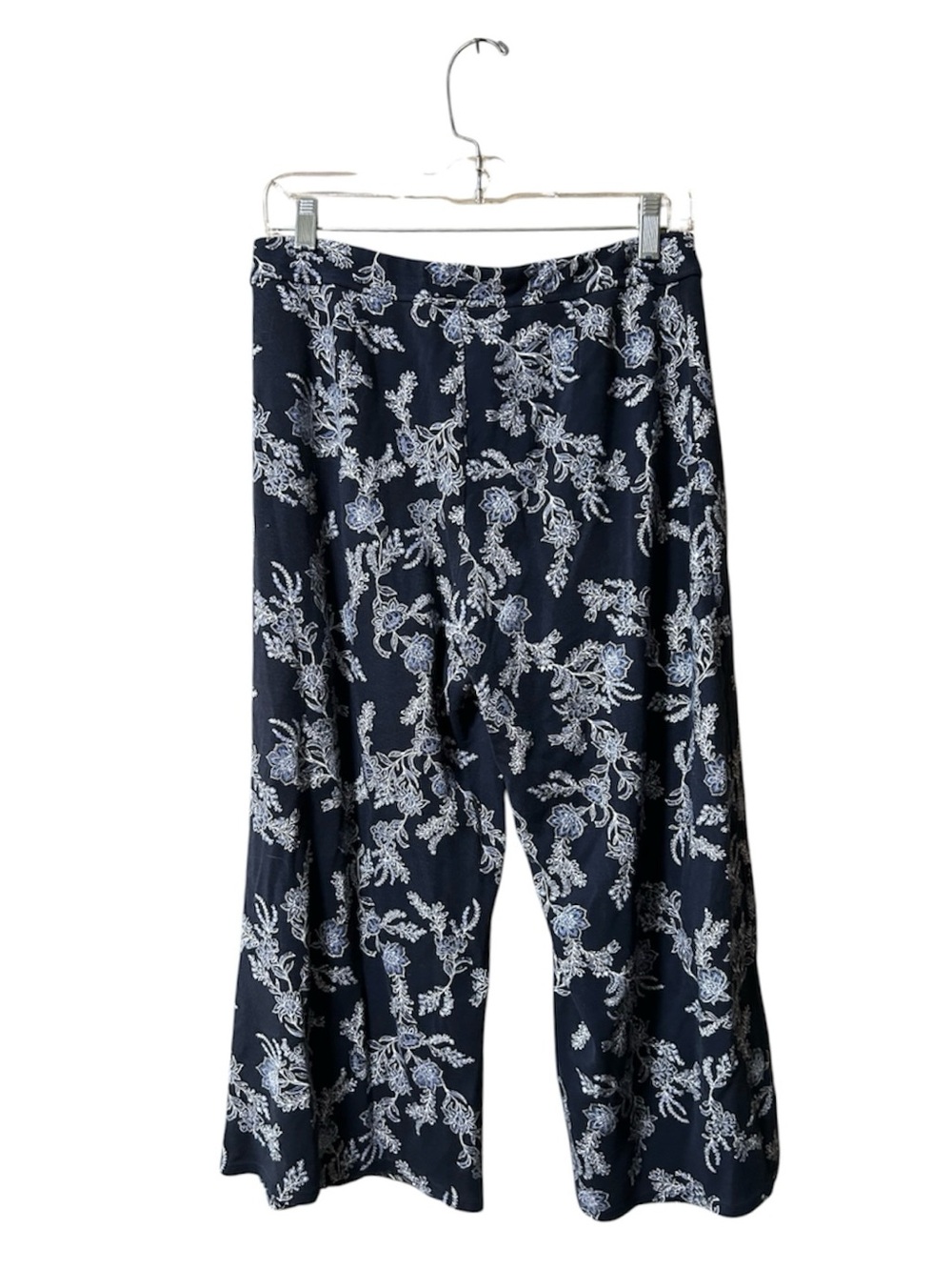 J Jill Crop Pants Womens Sz S Navy Floral Pull On Wide Leg High Rise Knit Capri - Picture 2 of 8
